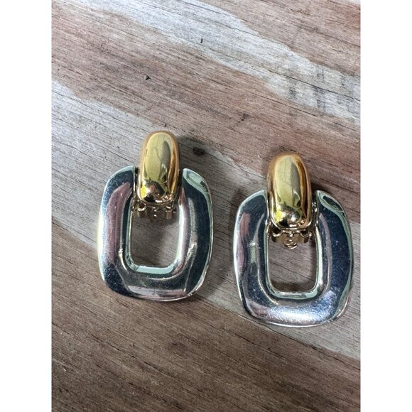 Vintage Givenchy Two-Tone Clip-On Earrings Gold & Silver Geometric Design Statem - Picture 7 of 7